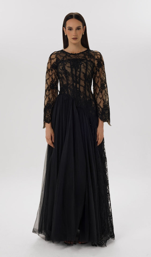 Yin Yang Black Asymmetrical Lace Gown Front View