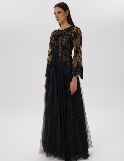 Yin Yang Black Asymmetrical Lace Gown Left Side View