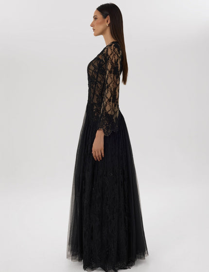 Yin Yang Black Asymmetrical Lace Gown Close-Up Detail