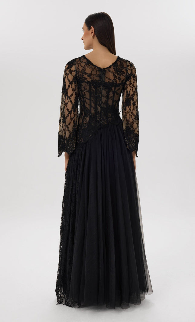 Yin Yang Black Asymmetrical Lace Gown Back View