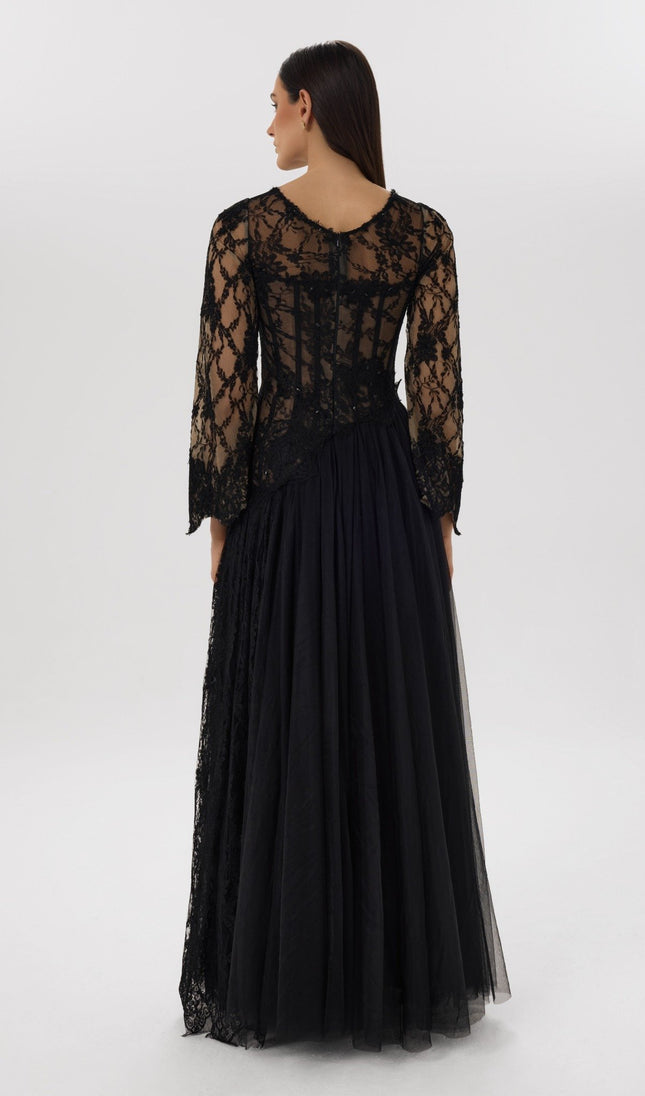 Yin Yang Black Asymmetrical Lace Gown Back View