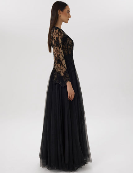 Yin Yang Black Asymmetrical Lace Gown Right Side View