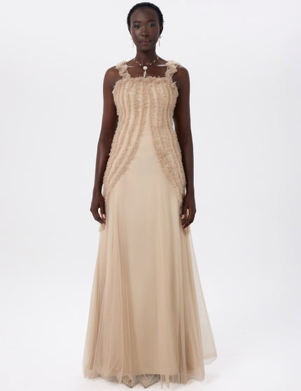 Tulle Fall Beige Structured Lace Gown Front View