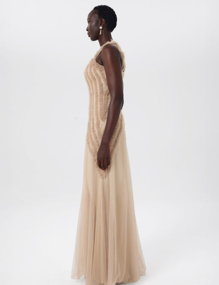 Tulle Fall Beige Structured Lace Gown Close-Up Detail