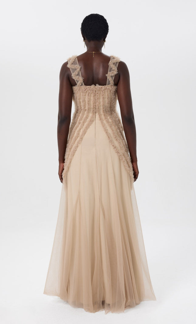 Tulle Fall Beige Structured Lace Gown Back View