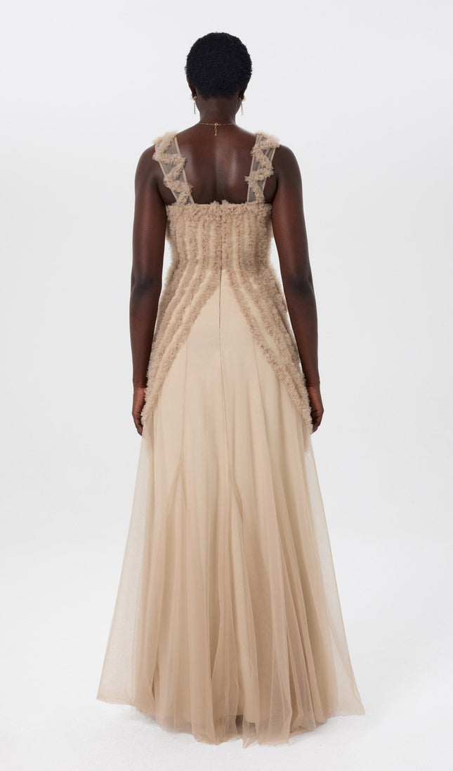 Tulle Fall Beige Structured Lace Gown Back View
