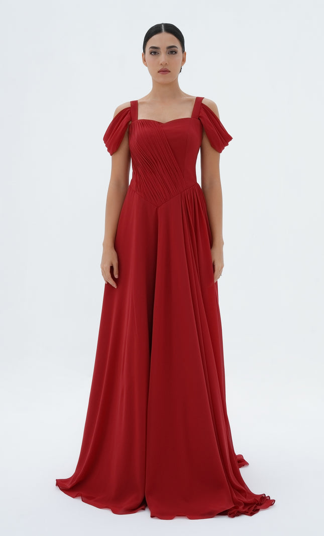 Fall in Red Gown | Red Sweetheart Off-Shoulder A-Line Dress with Train