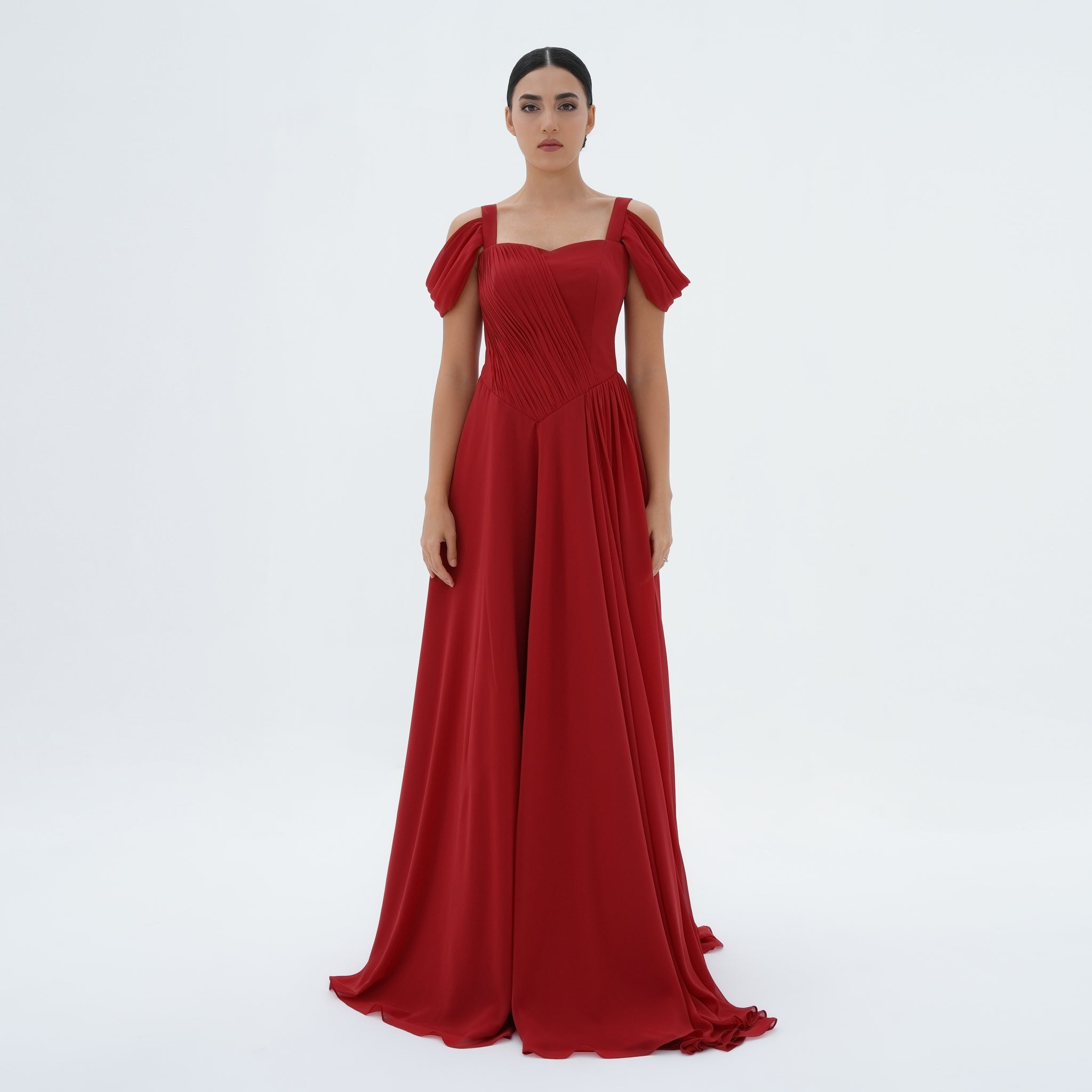 Fall in Red Gown | Red Sweetheart Off-Shoulder A-Line Dress with Train