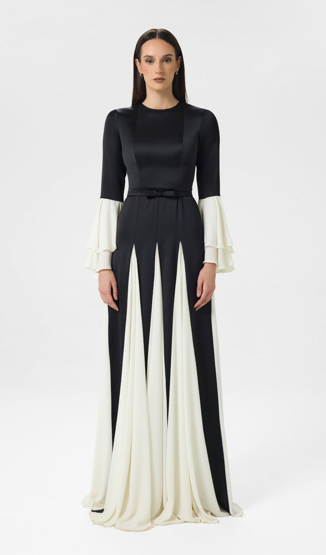 Marble Black & Ivory Chiffon Panel Gown Front View