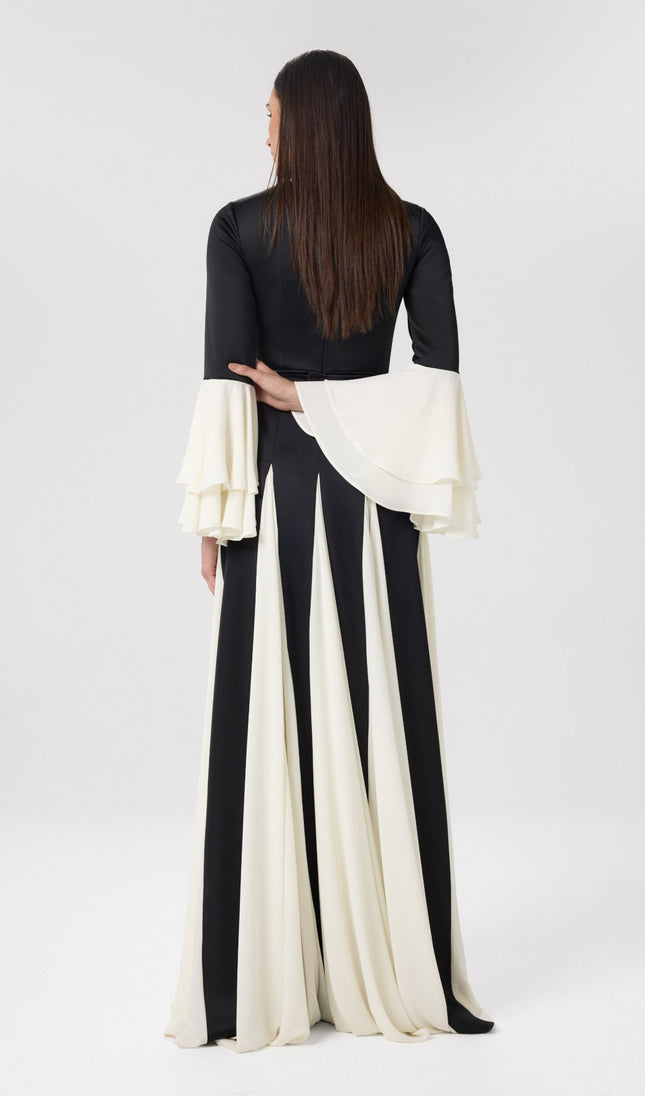 Marble Black & Ivory Chiffon Panel Gown Back View