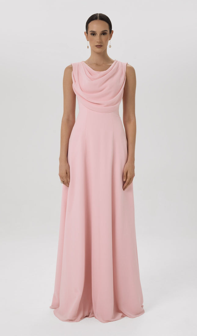 Grecian Drape Soft Pink Floor-Length Gown Front View