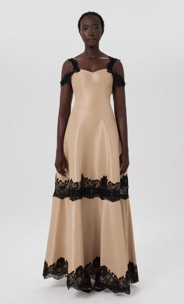Poise Dress Beige Structured Lace Gown Front View