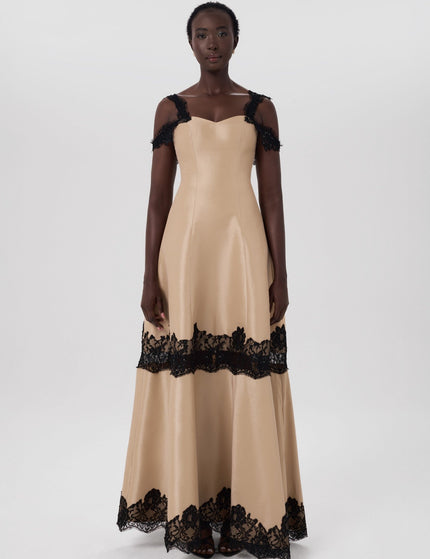 Poise Dress Beige Structured Lace Gown Front View