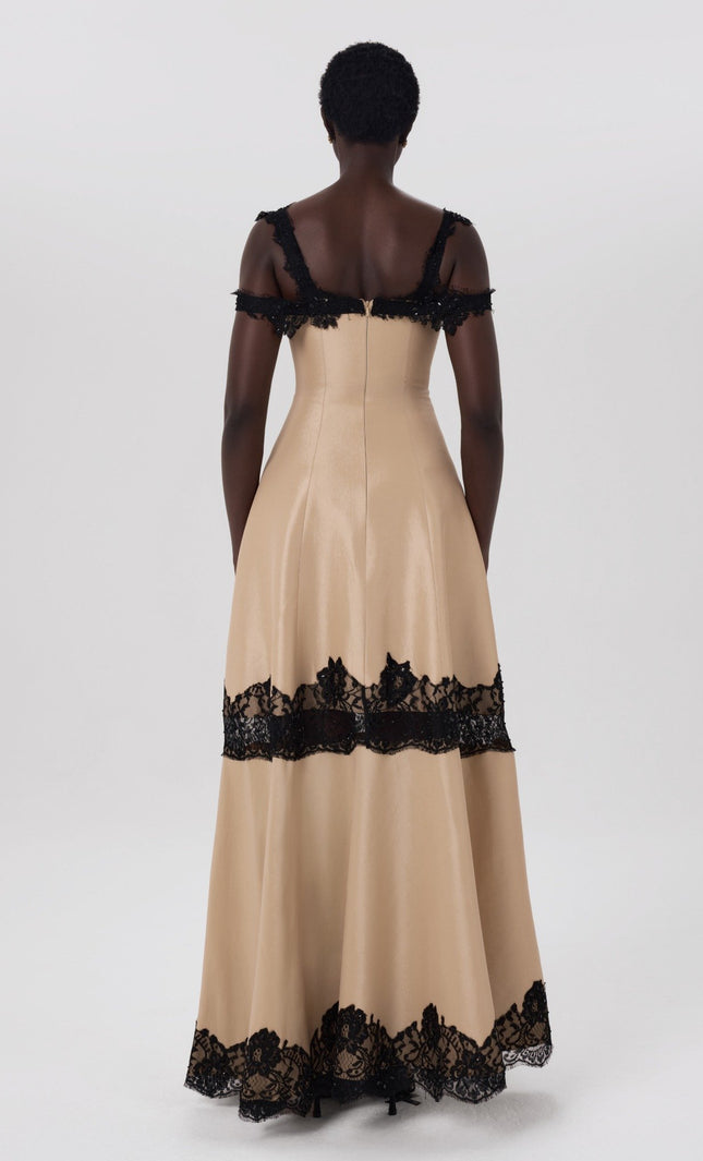 Poise Dress Beige Structured Lace Gown Back View